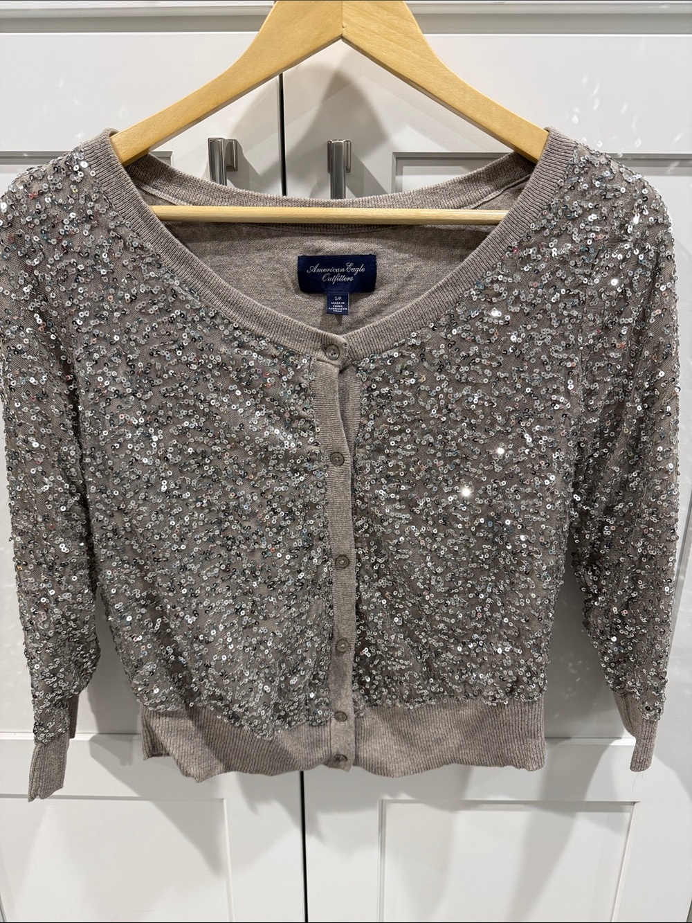 American Eagle Taupe Sequin Embellished Cardigan with 3/4 sleeves.